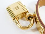 a gold lock on a brown leather dog collar