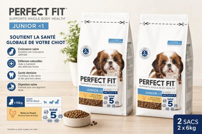 two bags of perfect fit puppy food sitting next to a bowl of dog food