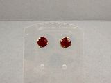 une paire de boucles d'oreilles à clous en pierre rouge, dans une boîte transparente