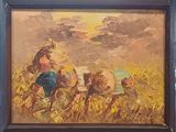 a painting of a group of people working in a field