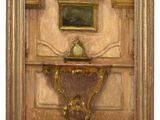 painting of a table with a clock on it in a room