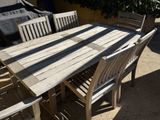 a wooden table and chairs outside on the patio