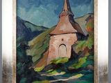 an oil painting of a church on a hill with a blue sky in the background