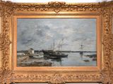 an oil painting of boats in a harbor with a building in the background