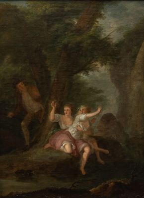 painting of a woman and child in a wooded landscape with a monkey