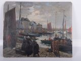 a painting of a harbor scene with boats on the water