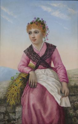 tableau représentant une femme en robe rose tenant un épi de blé