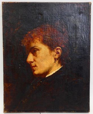 une peinture à l'huile représentant une femme aux cheveux roux vêtue d'une robe noire