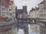 painting of a canal in a city with buildings and a clock tower in the background