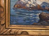 a painting of a man standing on a rock by the water