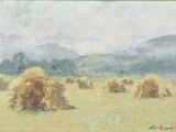 tableau représentant des balles de foin dans un champ, avec des montagnes en arrière-plan
