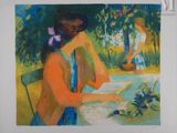 an oil painting of a woman sitting at a table in a garden