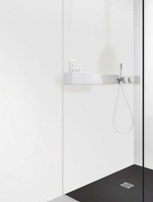 une douche vitrée avec un sol noir et un mur blanc