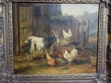 une photo d'un tableau représentant des poulets et des chèvres dans une grange