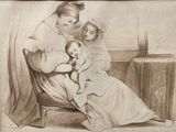 a drawing of a woman holding a baby and a woman sitting on a chair