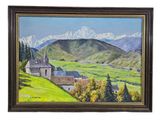 an oil painting of a farm with mountains in the background