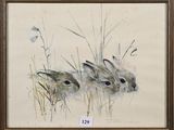 a painting of two rabbits sitting in tall grass next to each other