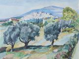 une image représentant un tableau d'un village avec des arbres au premier plan