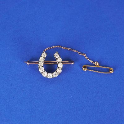 une broche entourée d'une chaîne et une épingle ornée d'un fer à cheval