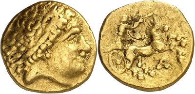 a gold coin with an image of a man and a woman on it