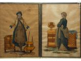 two paintings of a woman and a man standing next to each other