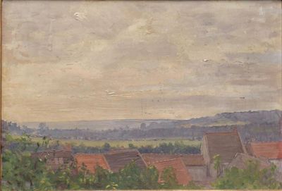 an oil painting of a view of a village with a bird flying in the sky