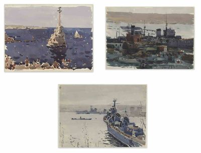 quatre aquarelles représentant des bateaux dans un port, avec un phare en arrière-plan