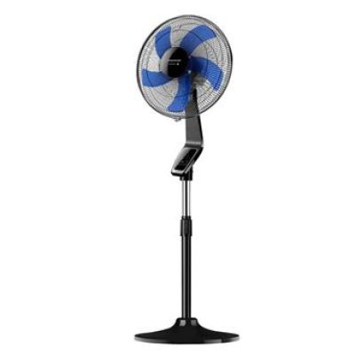 a black and blue fan sitting on top of a metal stand