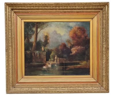 an image of a painting of a man on a boat in a river