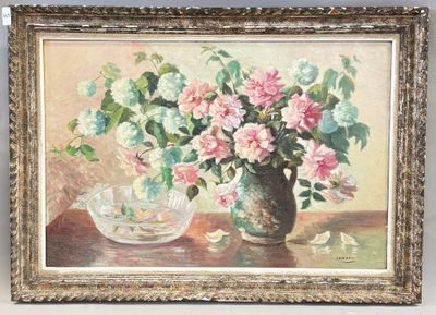 a painting of flowers in a vase on a table