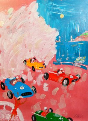 une image représentant un tableau où l'on voit plusieurs voitures sur un fond rose