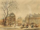 drawing of a street scene with a horse drawn carriage and a horse drawn carriage