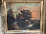 an oil painting of a landscape with a river and a house in the distance
