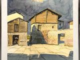 framed watercolor painting of a barn in a rural setting