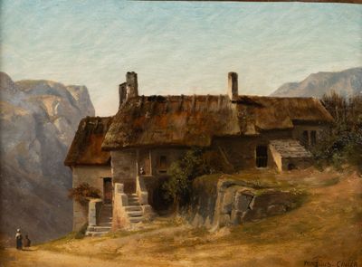 painting of a house with a thatched roof in a mountainous landscape