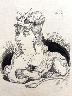 dessin représentant une femme coiffée d'un chapeau, avec un chat sur la tête