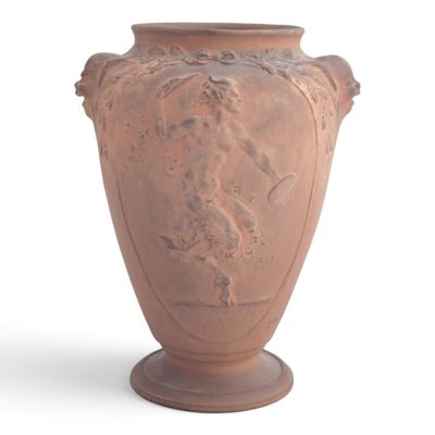 a brown vase with a design on it on a white background
