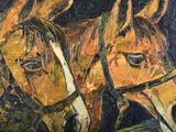 a painting of two horses standing next to each other