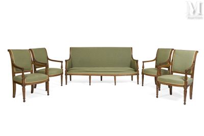 three chairs and a couch in a room with a white background