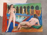 a painting of two nudes in a pool next to a book