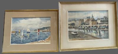 two framed pictures of boats on the water near a building