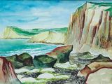 une peinture représentant une peinture d'une plage avec une falaise en arrière-plan