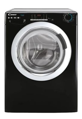 une machine à laver noire, la porte ouverte, sur fond blanc