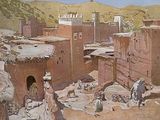 un tableau représentant un village au milieu du désert