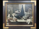 a painting of a still life with a pitcher and other objects