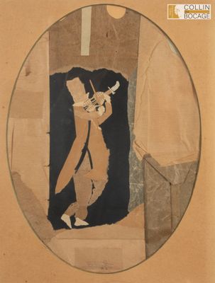 Ecole moderne Le violoniste Collage de carton, signature ill…