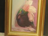 a painting of a pink flower in a brown vase
