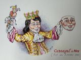 cartoon drawing of a man with a crown holding a mask