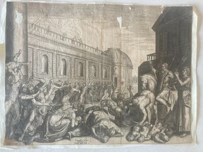 an old drawing of a man on a horse being taken out of a building