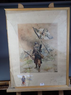 painting of a man holding a rifle and a flag on a wooden easel